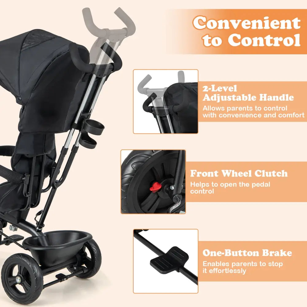 4-in-1 Baby Trike Kids Tricycle with Removable Canopy and Adjustable Push Handle-Grey - Gray - Baby Strollers