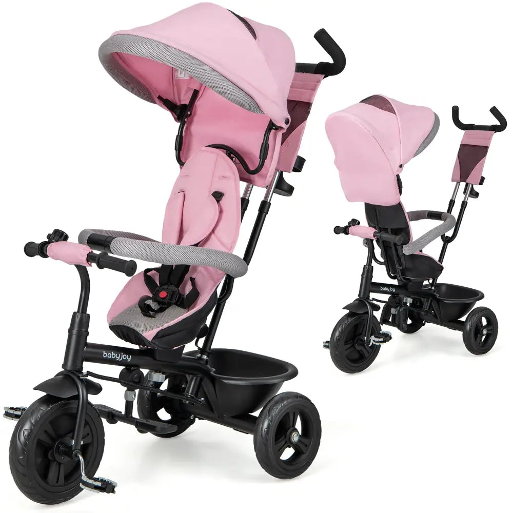 4-in-1 Baby Trike Kids Tricycle with Removable Canopy and Adjustable Push Handle-Pink - Pink - Baby Strollers