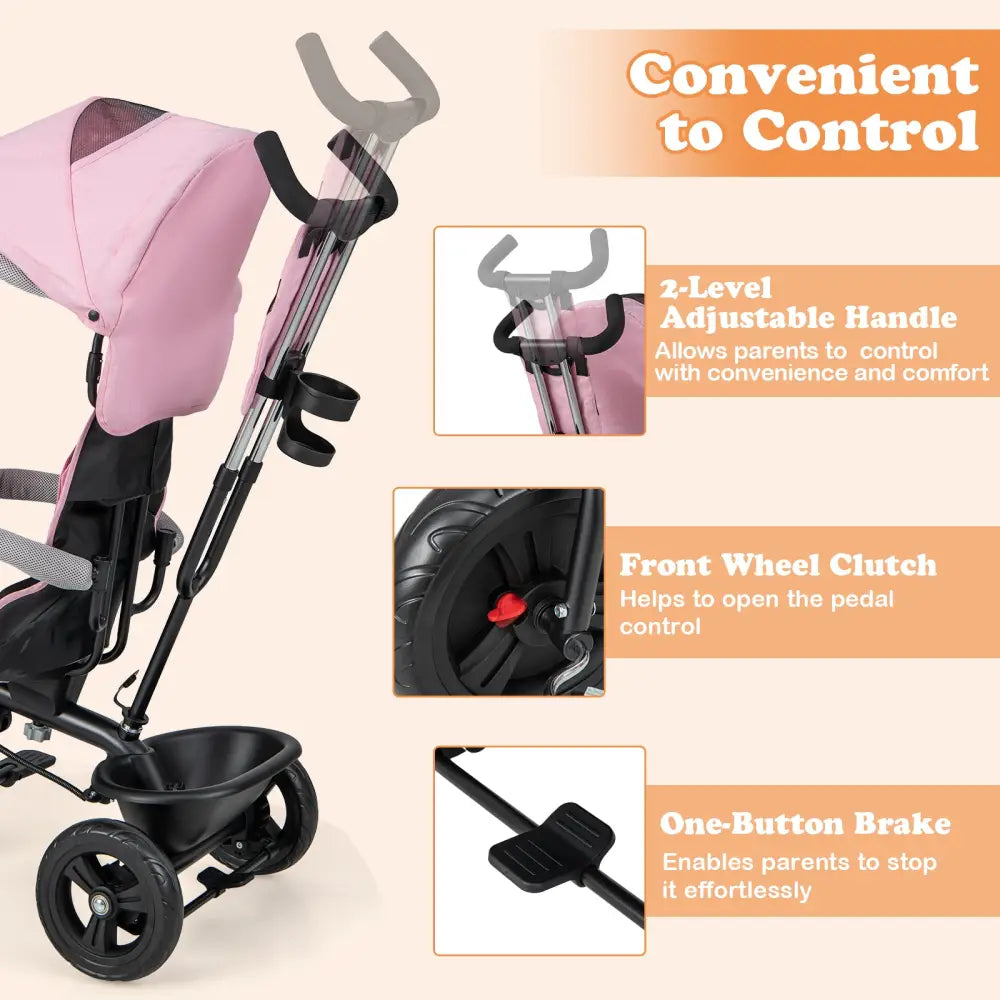4-in-1 Baby Trike Kids Tricycle with Removable Canopy and Adjustable Push Handle-Pink - Pink - Baby Strollers