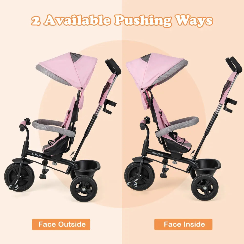 4-in-1 Baby Trike Kids Tricycle with Removable Canopy and Adjustable Push Handle-Pink - Pink - Baby Strollers