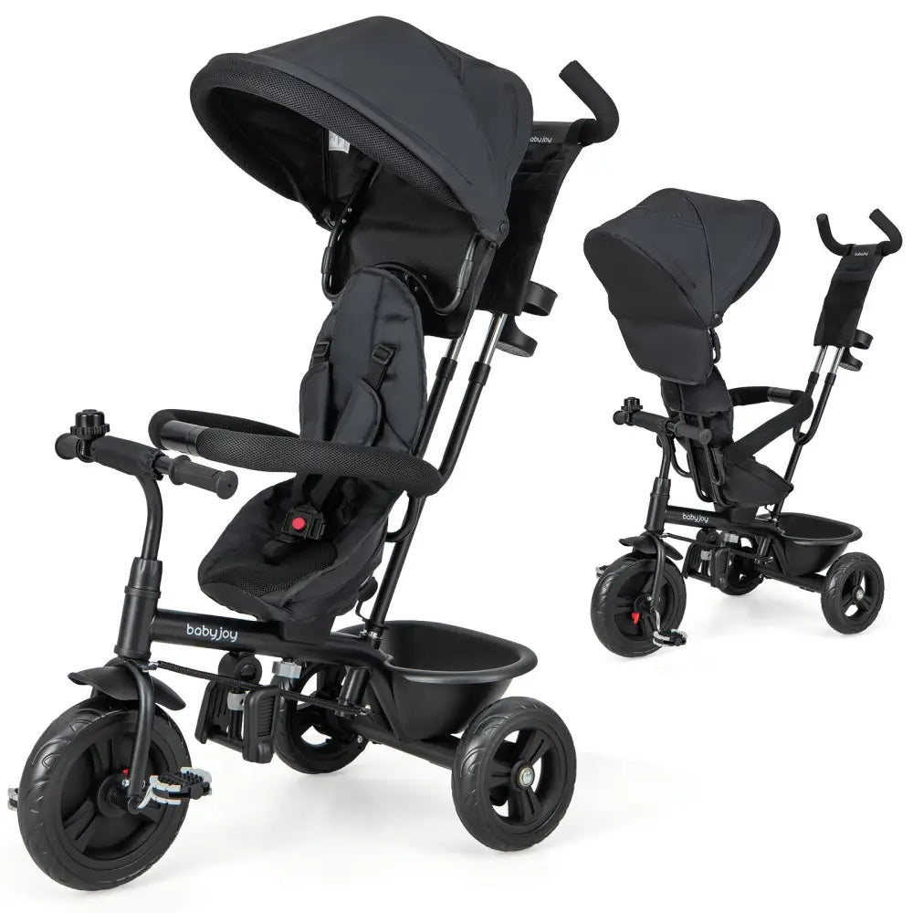 4-in-1 Baby Trike Kids Tricycle with Removable Canopy and Adjustable Push Handle-Black - Black - Baby Strollers