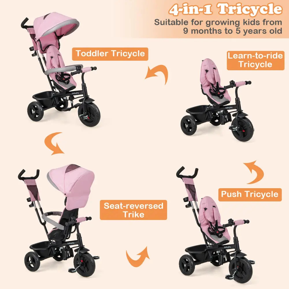 4-in-1 Baby Trike Kids Tricycle with Removable Canopy and Adjustable Push Handle-Pink - Pink - Baby Strollers
