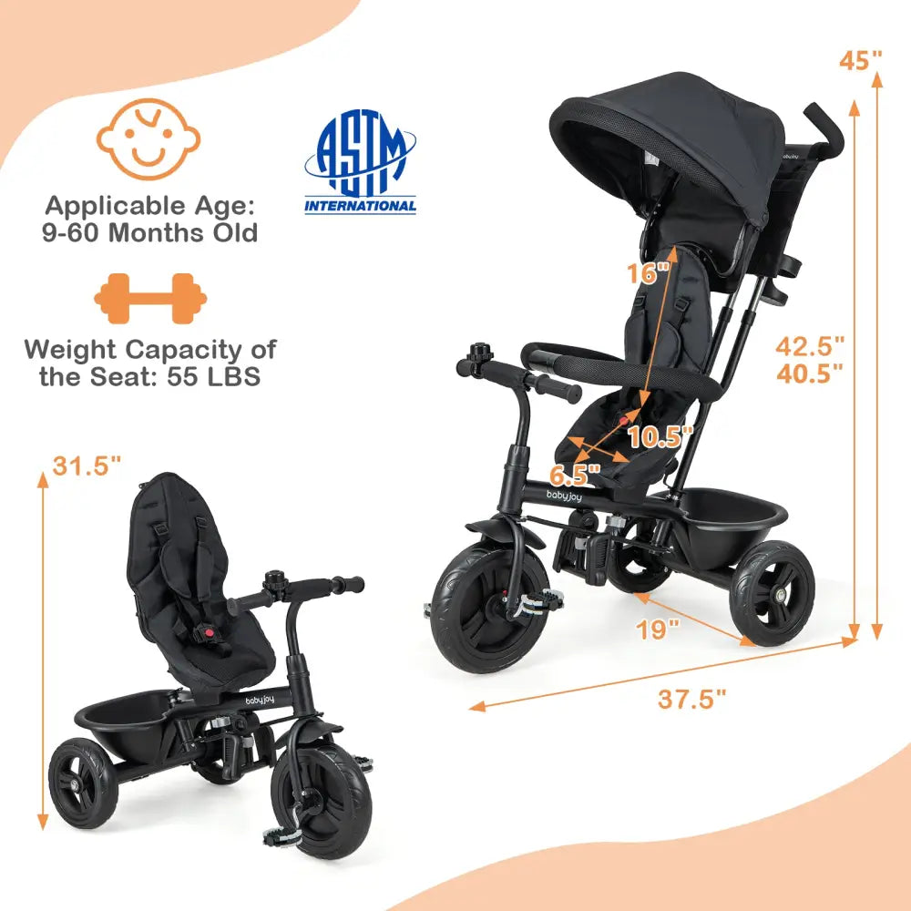 4-in-1 Baby Trike Kids Tricycle with Removable Canopy and Adjustable Push Handle-Grey - Gray - Baby Strollers