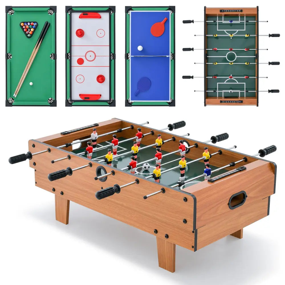 4-in-1 Combo Game Table Set Foosball Table with Billiards and Hockey - Brown - Game Room