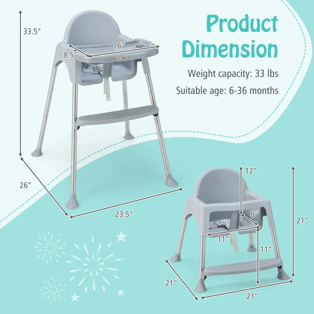 4-in-1 Convertible Baby High Chair with Removable Double Tray-Gray - Gray - High Chairs