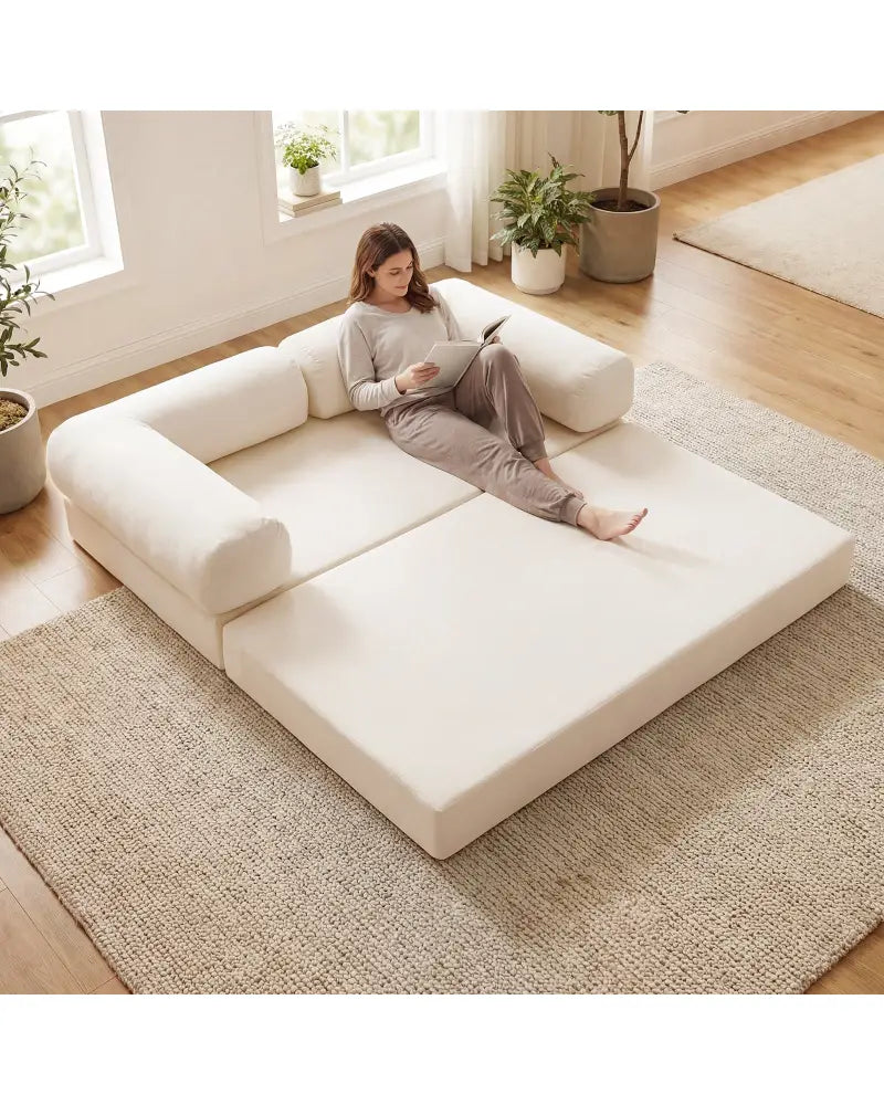 4-in-1 Convertible Folding Sofa Bed with Comfy Corduroy Cover-Beige - Beige - Sofas & Loveseats