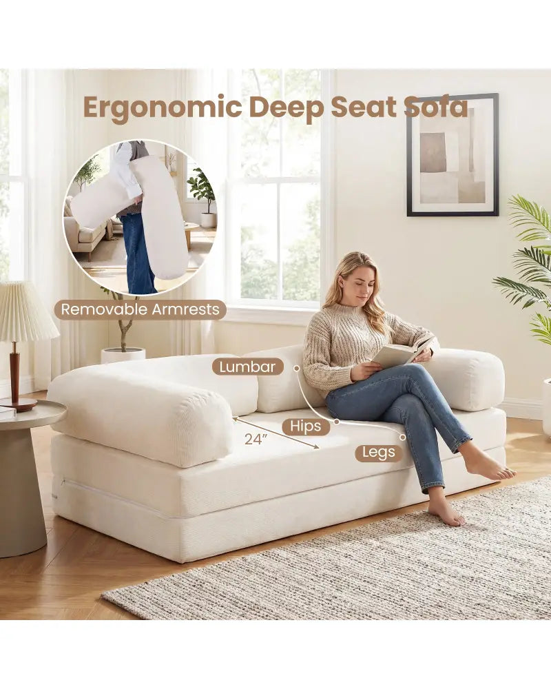 4-in-1 Convertible Folding Sofa Bed with Comfy Corduroy Cover-Beige - Beige - Sofas & Loveseats
