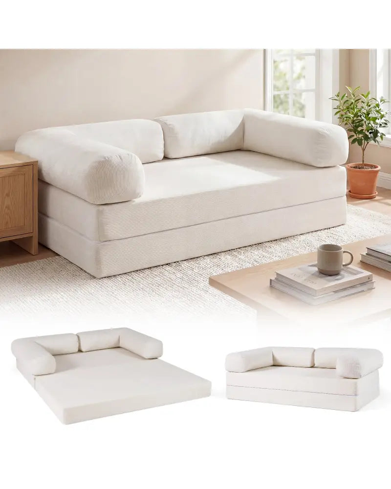 4-in-1 Convertible Folding Sofa Bed with Comfy Corduroy Cover-Beige - Beige - Sofas & Loveseats