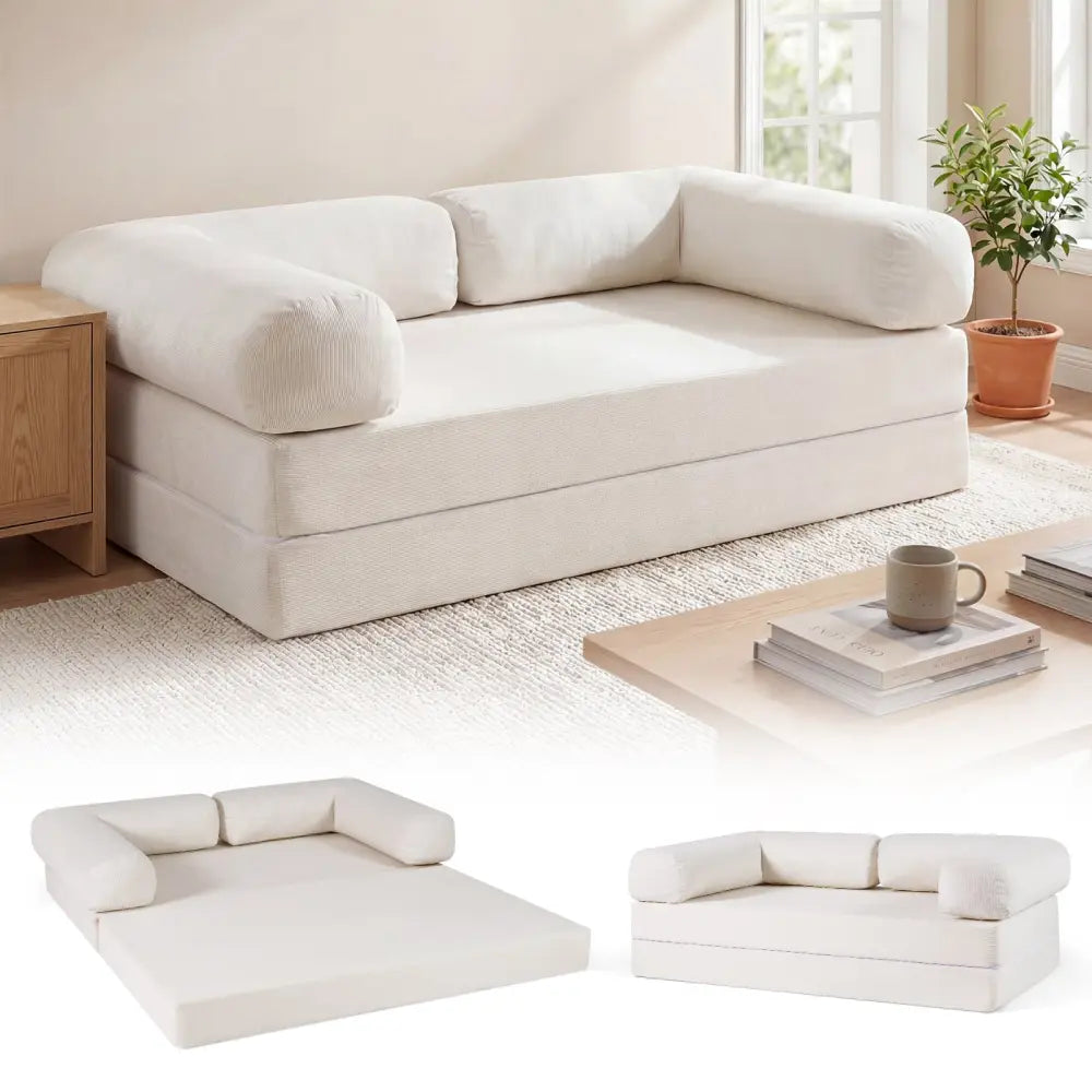 4-in-1 Convertible Folding Sofa Bed with Comfy Corduroy Cover-Beige - Beige - Sofas & Loveseats