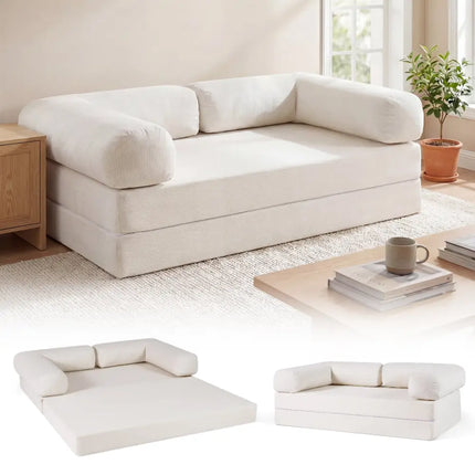 4-in-1 Convertible Folding Sofa Bed with Comfy Corduroy Cover-Beige - Beige - Sofas & Loveseats