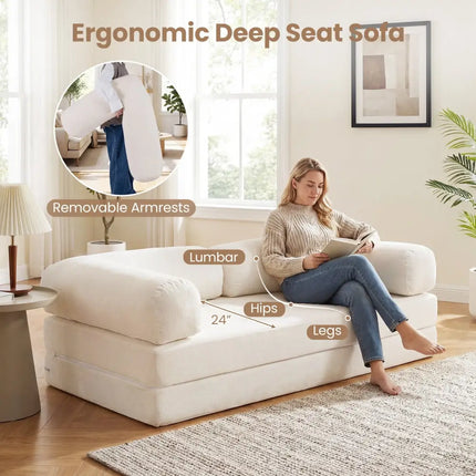 4-in-1 Convertible Folding Sofa Bed with Comfy Corduroy Cover-Beige - Beige - Sofas & Loveseats