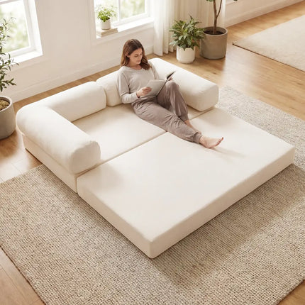 4-in-1 Convertible Folding Sofa Bed with Comfy Corduroy Cover-Beige - Beige - Sofas & Loveseats