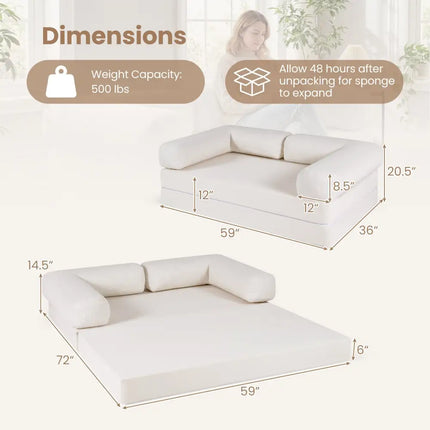 4-in-1 Convertible Folding Sofa Bed with Comfy Corduroy Cover-Beige - Beige - Sofas & Loveseats