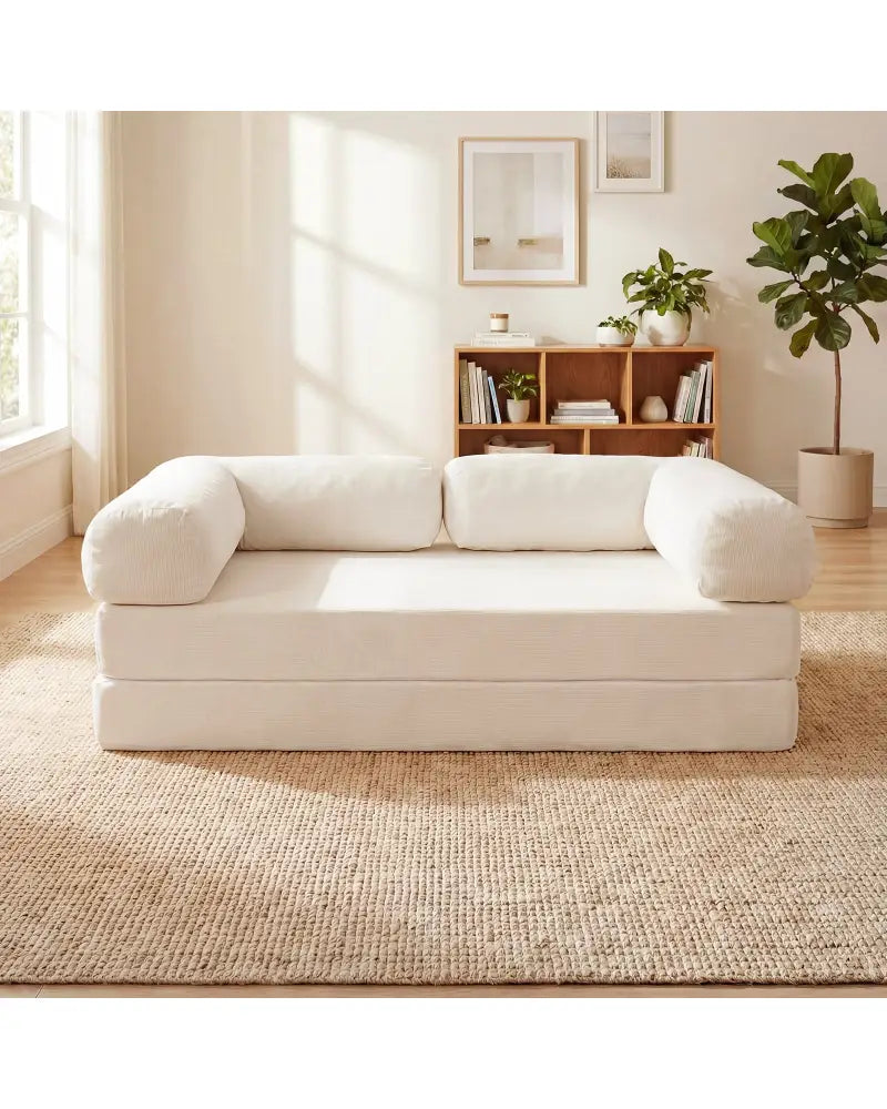 4-in-1 Convertible Folding Sofa Bed with Comfy Corduroy Cover-Beige - Beige - Sofas & Loveseats