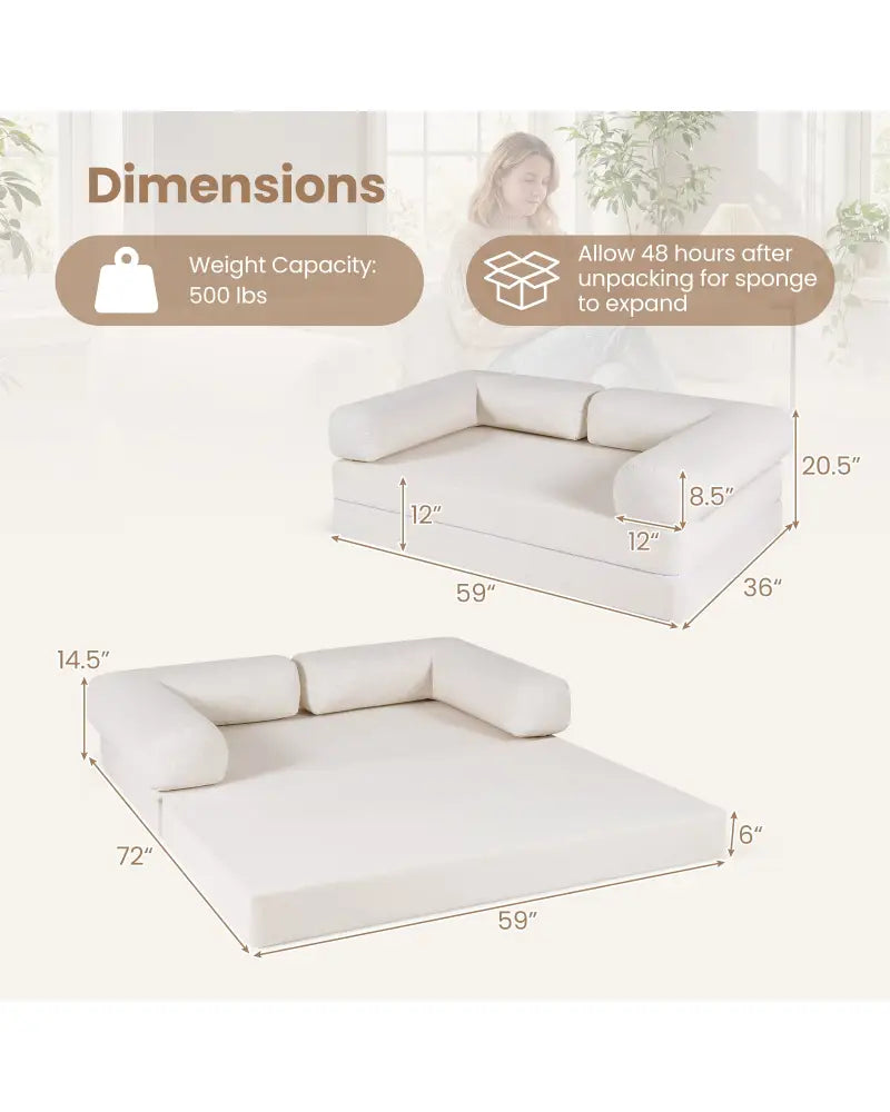 4-in-1 Convertible Folding Sofa Bed with Comfy Corduroy Cover-Beige - Beige - Sofas & Loveseats