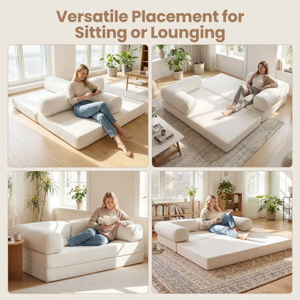 4-in-1 Convertible Folding Sofa Bed with Comfy Corduroy Cover-Beige - Beige - Sofas & Loveseats