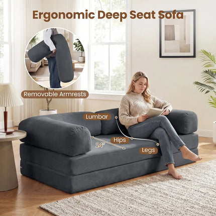 4-in-1 Convertible Folding Sofa Bed with Comfy Corduroy Cover-Gray - Gray - Sofas & Loveseats