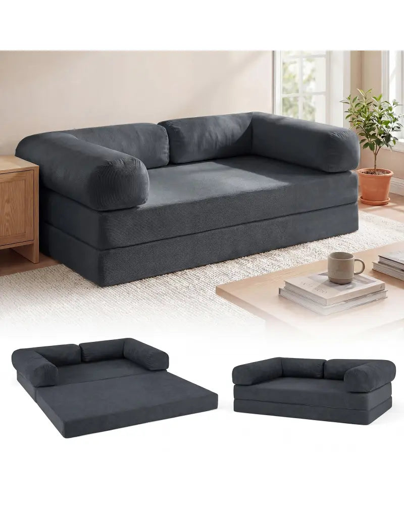 4-in-1 Convertible Folding Sofa Bed with Comfy Corduroy Cover-Gray - Gray - Sofas & Loveseats
