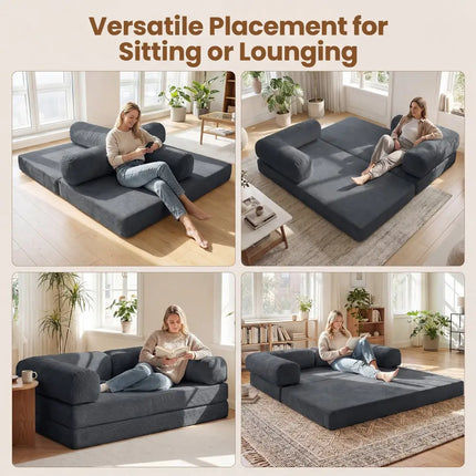 4-in-1 Convertible Folding Sofa Bed with Comfy Corduroy Cover-Gray - Gray - Sofas & Loveseats