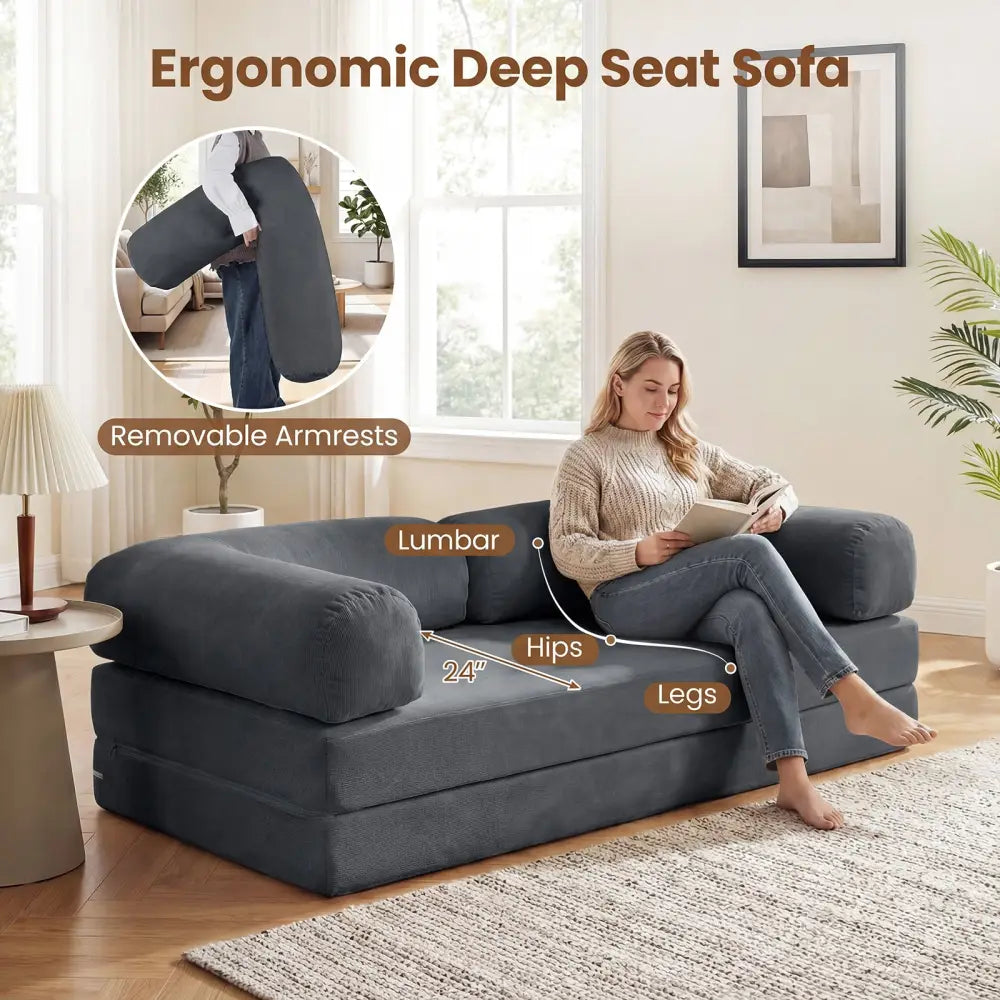 4-in-1 Convertible Folding Sofa Bed with Comfy Corduroy Cover-Gray - Gray - Sofas & Loveseats