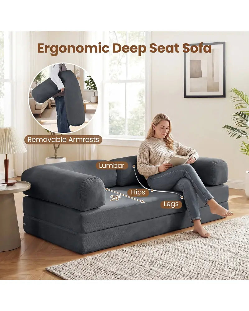 4-in-1 Convertible Folding Sofa Bed with Comfy Corduroy Cover-Gray - Gray - Sofas & Loveseats