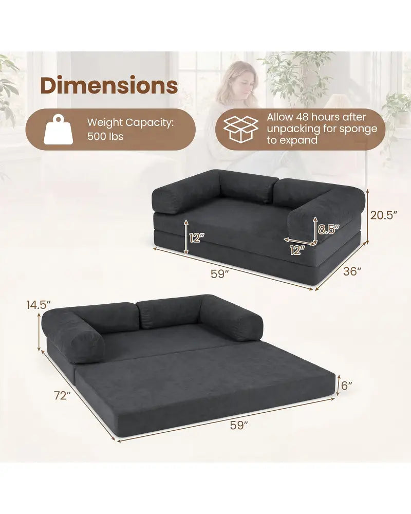4-in-1 Convertible Folding Sofa Bed with Comfy Corduroy Cover-Gray - Gray - Sofas & Loveseats