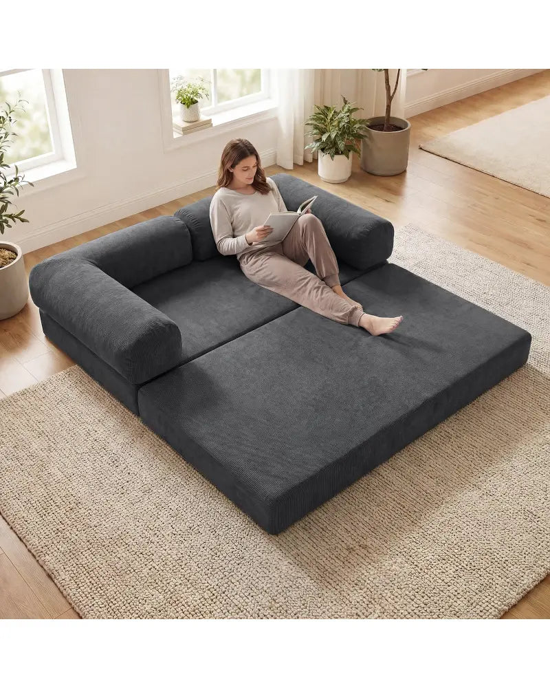 4-in-1 Convertible Folding Sofa Bed with Comfy Corduroy Cover-Gray - Gray - Sofas & Loveseats