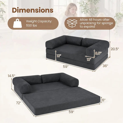 4-in-1 Convertible Folding Sofa Bed with Comfy Corduroy Cover-Gray - Gray - Sofas & Loveseats