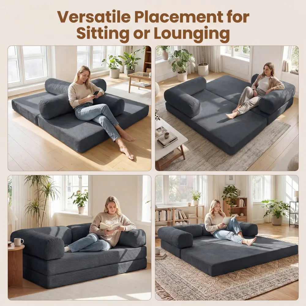 4-in-1 Convertible Folding Sofa Bed with Comfy Corduroy Cover-Gray - Gray - Sofas & Loveseats