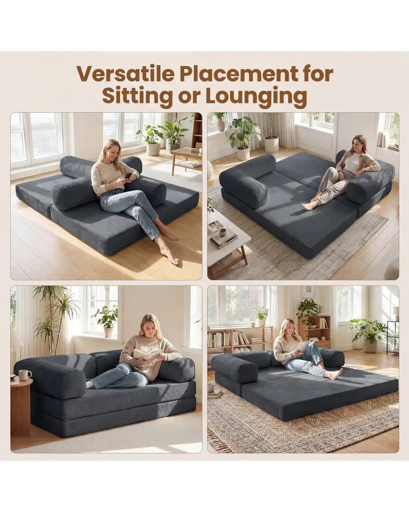 4-in-1 Convertible Folding Sofa Bed with Comfy Corduroy Cover-Gray - Gray - Sofas & Loveseats