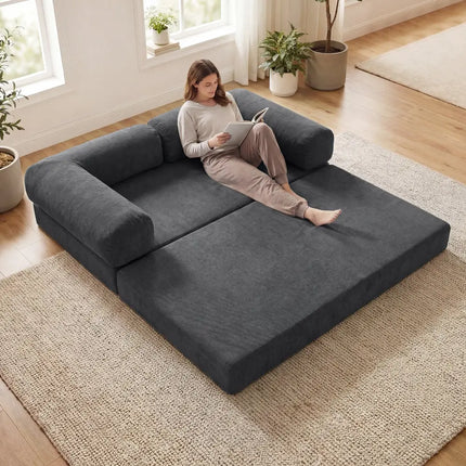 4-in-1 Convertible Folding Sofa Bed with Comfy Corduroy Cover-Gray - Gray - Sofas & Loveseats
