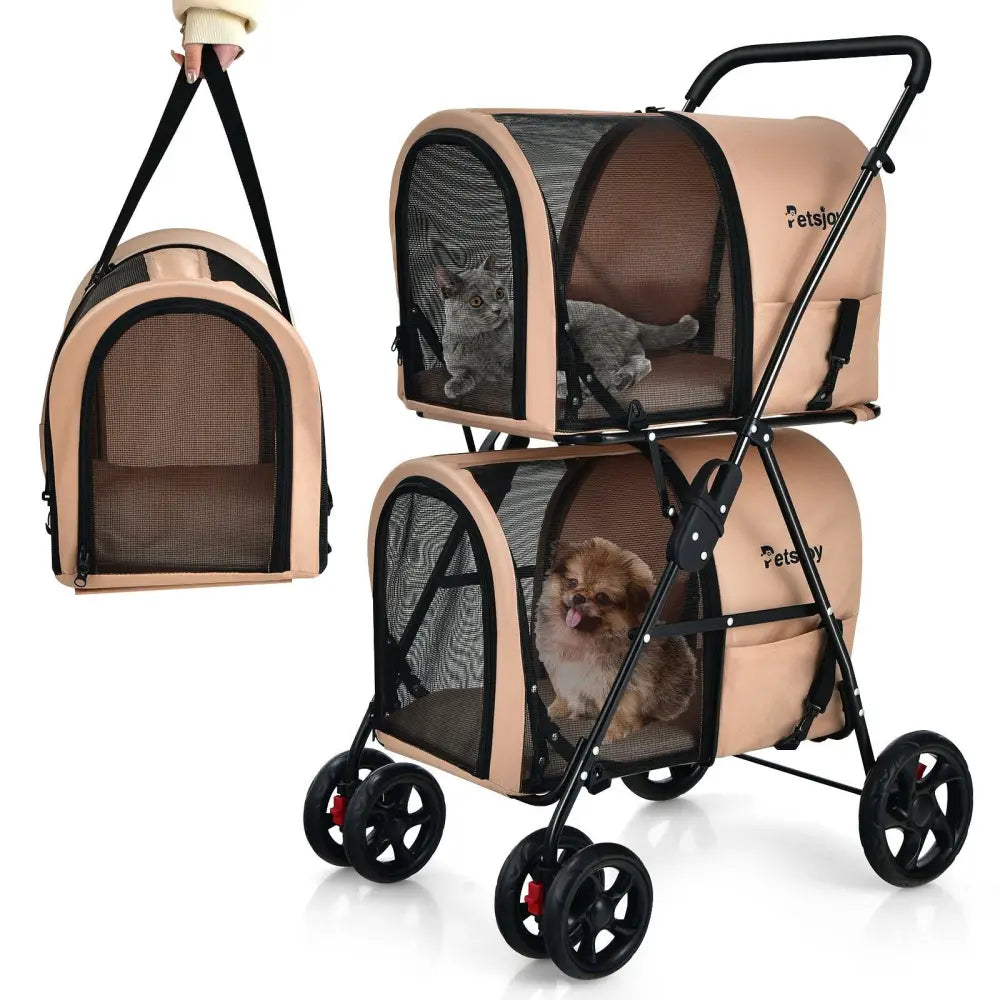 4-in-1 Double Pet Stroller with Detachable Carrier and Travel Carriage-Beige - Beige - Dog Supplies