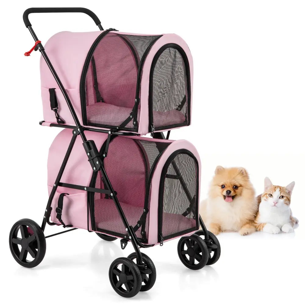 4-in-1 Double Pet Stroller with Detachable Carrier and Travel Carriage-Pink - Pink - Dog Supplies