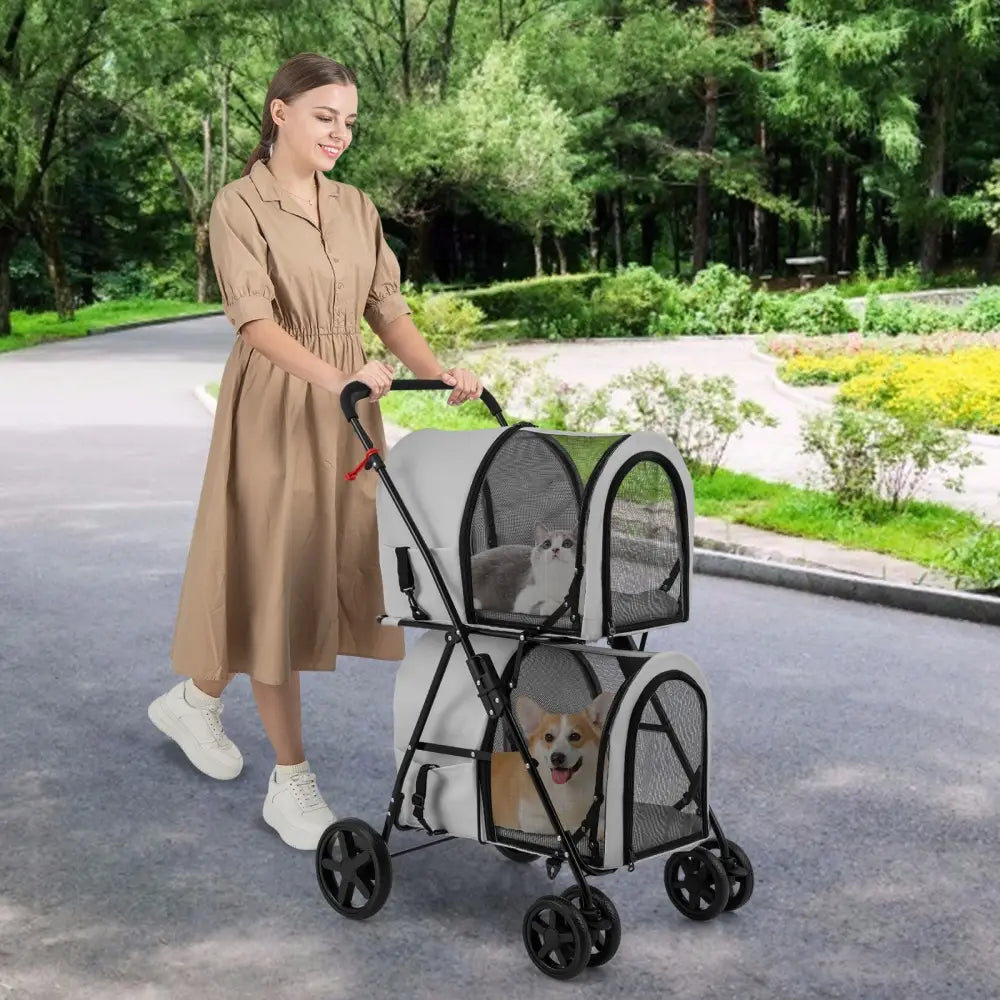4-in-1 Double Pet Stroller with Detachable Carrier and Travel Carriage-Gray - Gray - Dog Supplies