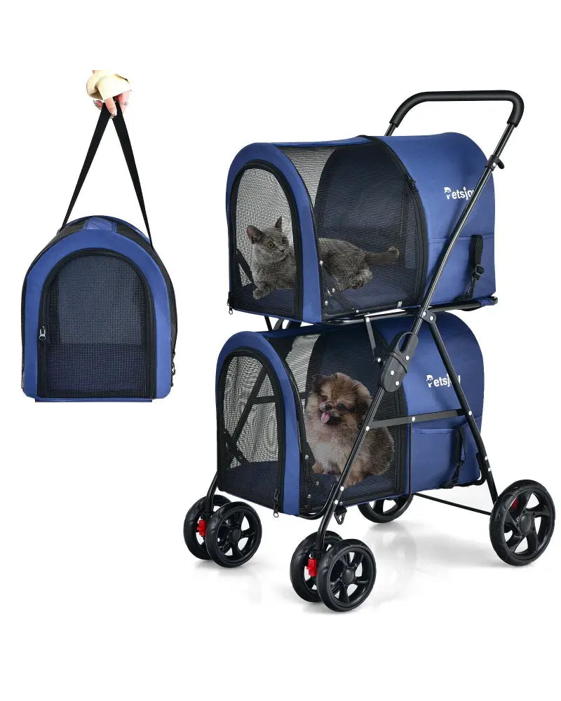 4-in-1 Double Pet Stroller with Detachable Carrier and Travel Carriage-Blue - Blue - Dog Supplies