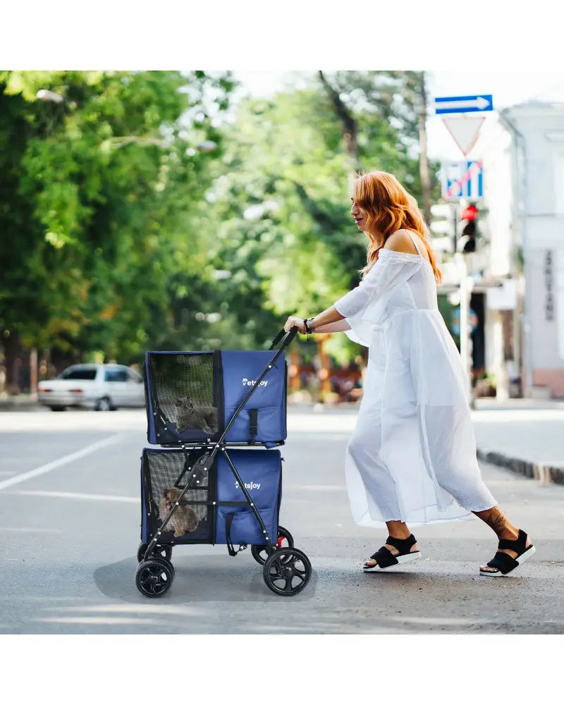 4-in-1 Double Pet Stroller with Detachable Carrier and Travel Carriage-Blue - Blue - Dog Supplies