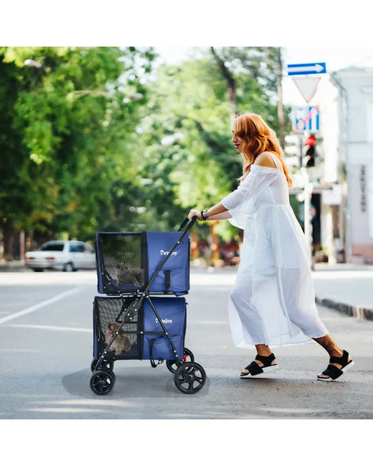 4-in-1 Double Pet Stroller with Detachable Carrier and Travel Carriage-Blue - Blue - Dog Supplies