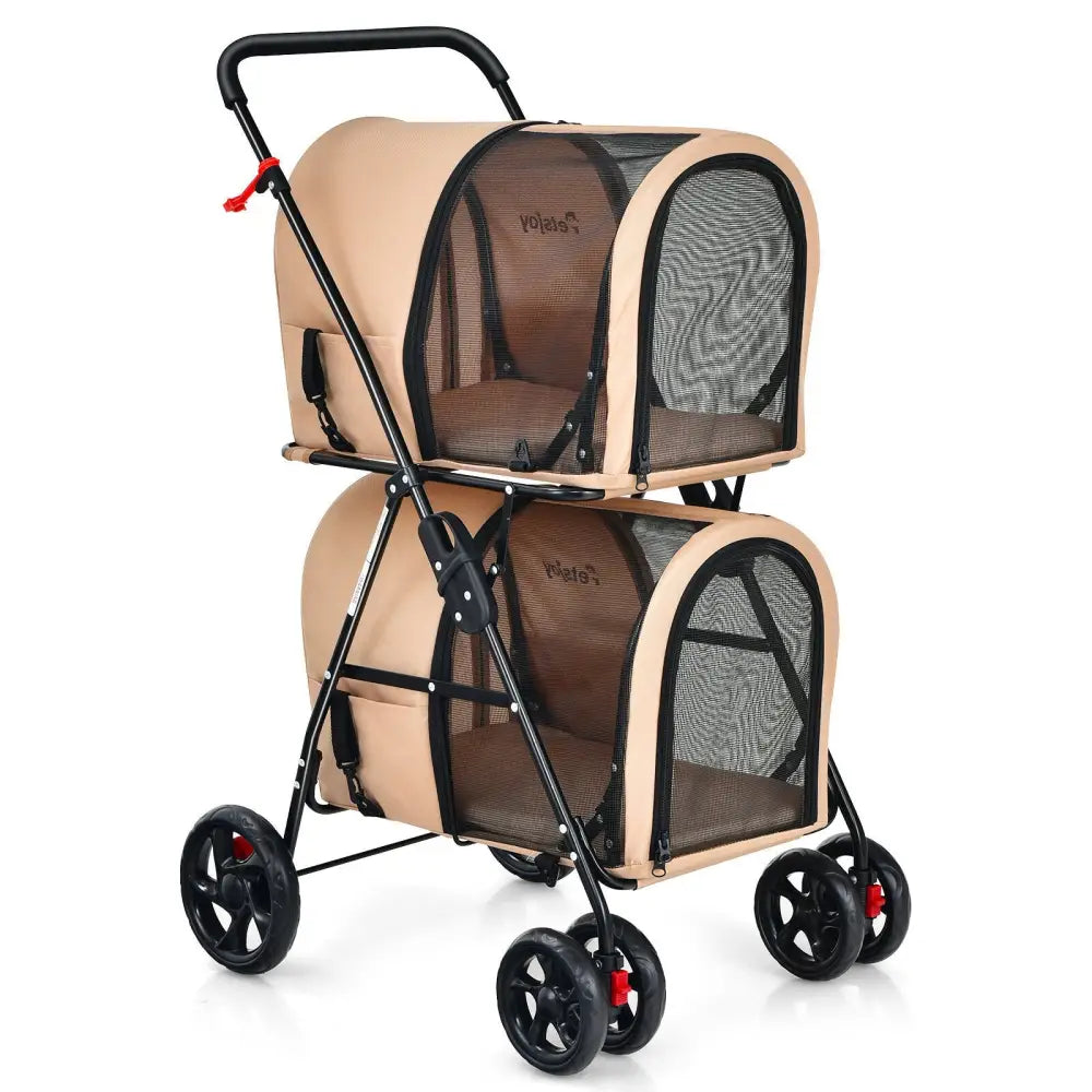 4-in-1 Double Pet Stroller with Detachable Carrier and Travel Carriage-Beige - Beige - Dog Supplies