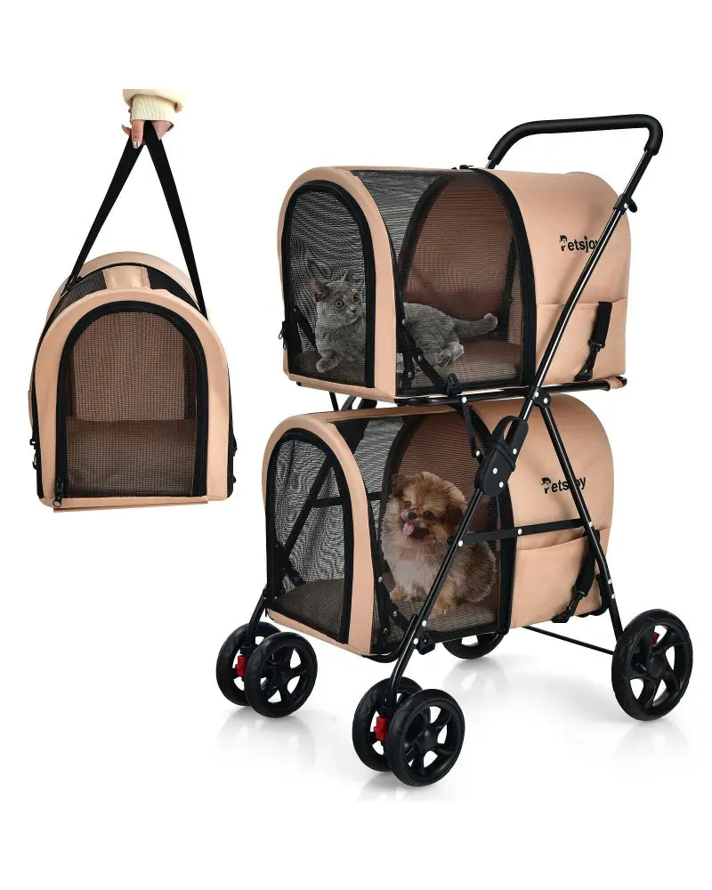 4-in-1 Double Pet Stroller with Detachable Carrier and Travel Carriage-Beige - Beige - Dog Supplies