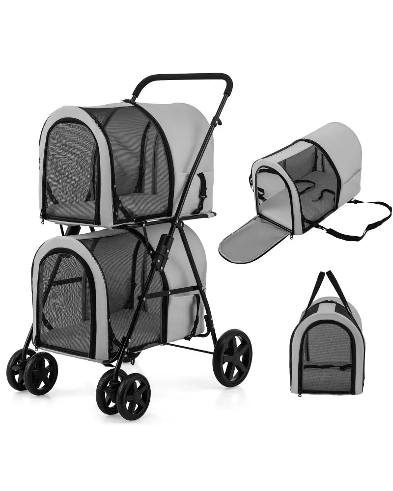 4-in-1 Double Pet Stroller with Detachable Carrier and Travel Carriage-Gray - Gray - Dog Supplies