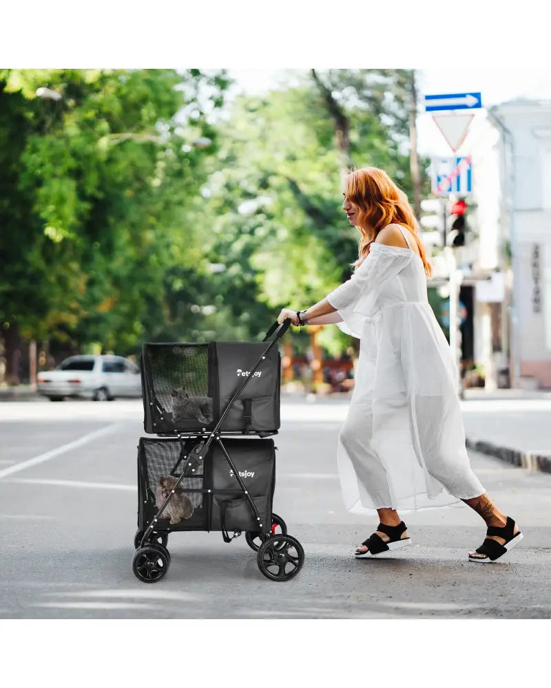 4-in-1 Double Pet Stroller with Detachable Carrier and Travel Carriage-Black - Black - Dog Supplies