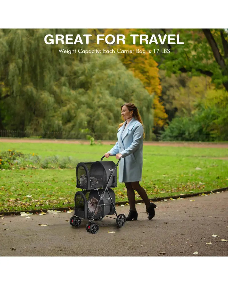 4-in-1 Double Pet Stroller with Detachable Carrier and Travel Carriage-Black - Black - Dog Supplies