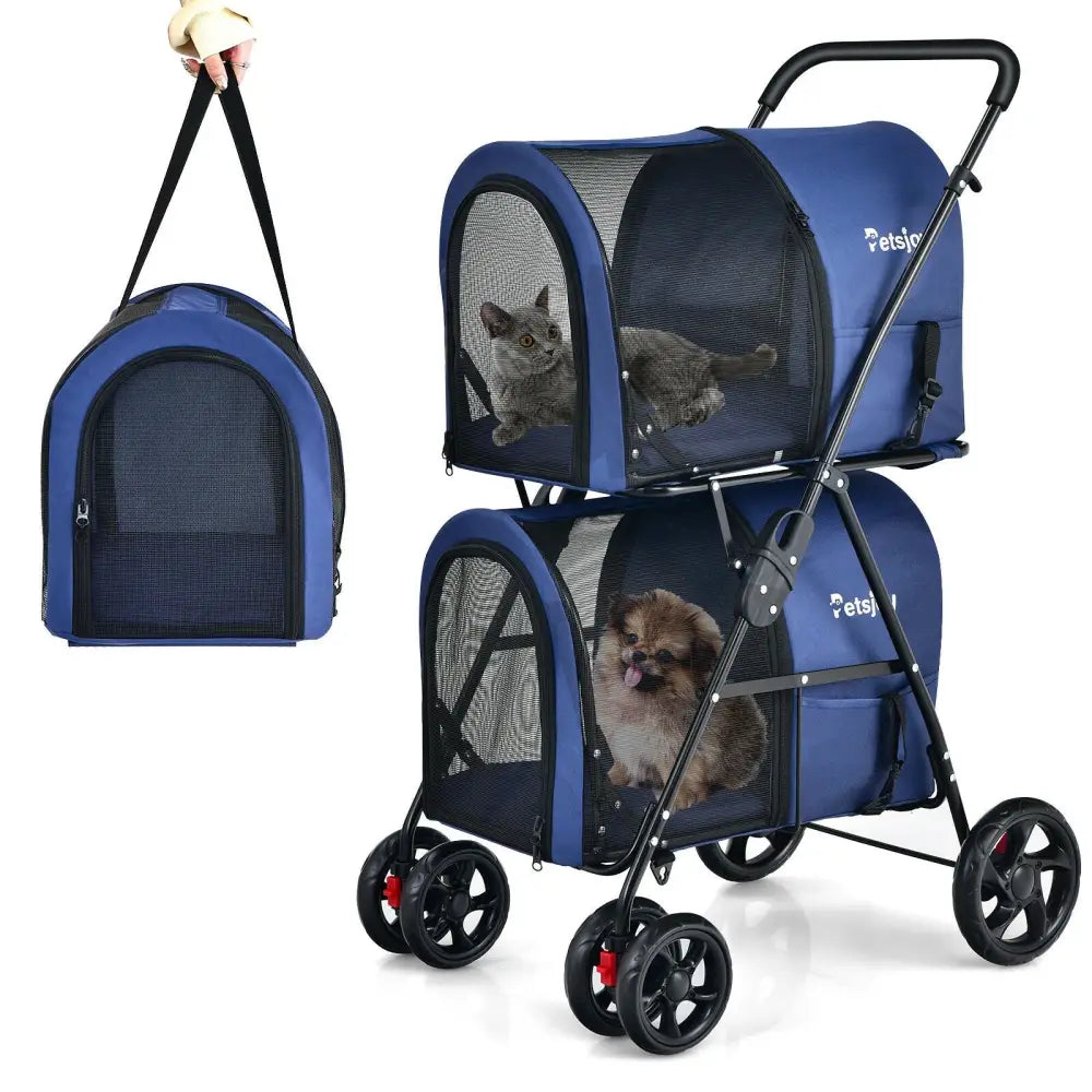 4-in-1 Double Pet Stroller with Detachable Carrier and Travel Carriage-Blue - Blue - Dog Supplies