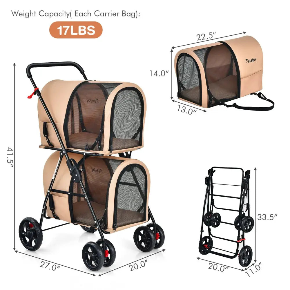 4-in-1 Double Pet Stroller with Detachable Carrier and Travel Carriage-Beige - Beige - Dog Supplies