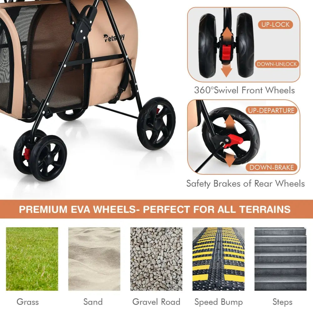 4-in-1 Double Pet Stroller with Detachable Carrier and Travel Carriage-Beige - Beige - Dog Supplies