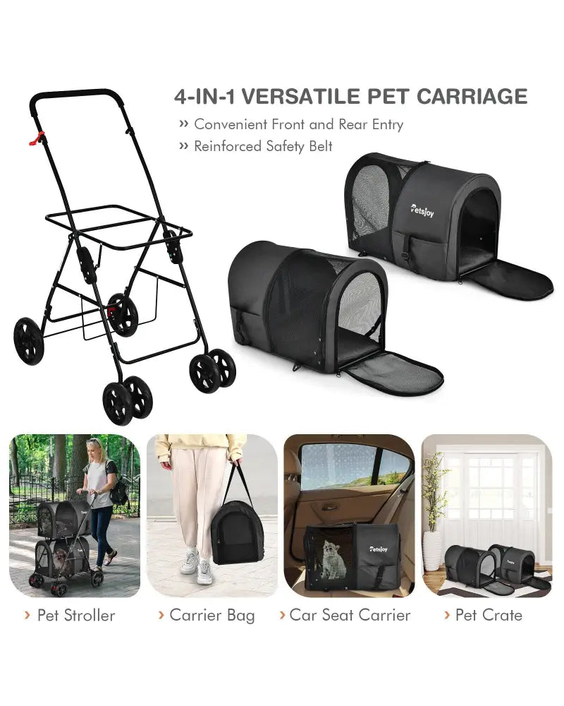 4-in-1 Double Pet Stroller with Detachable Carrier and Travel Carriage-Black - Black - Dog Supplies