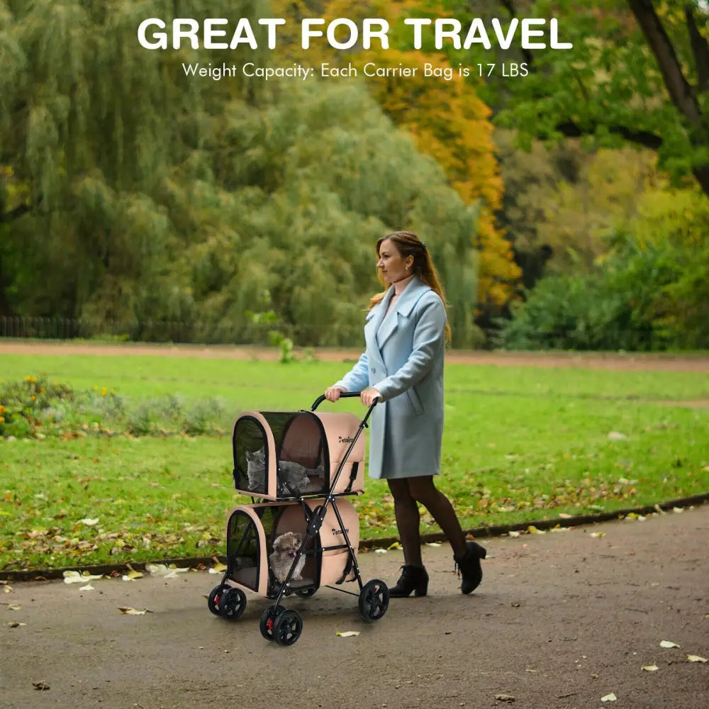 4-in-1 Double Pet Stroller with Detachable Carrier and Travel Carriage-Beige - Beige - Dog Supplies