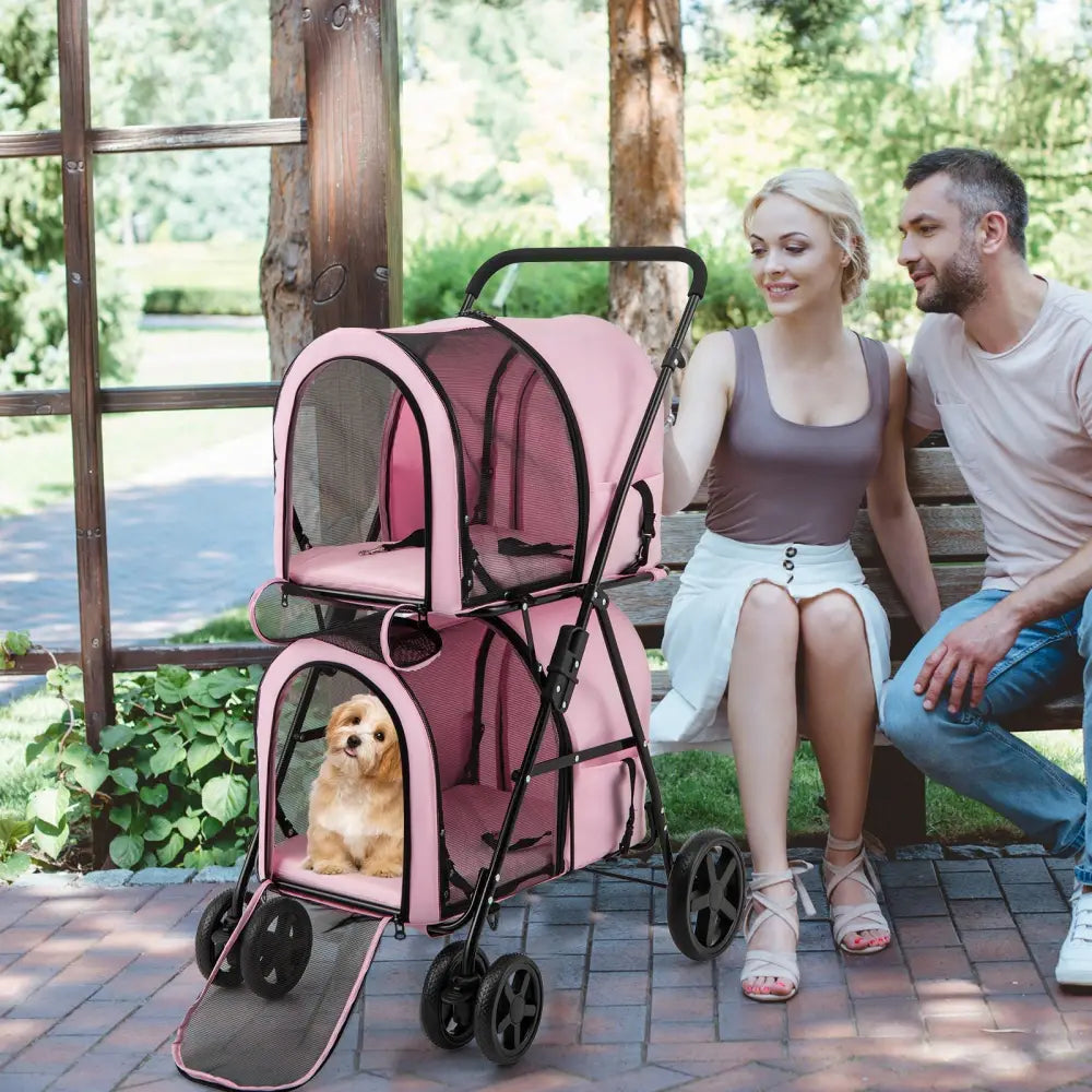 4-in-1 Double Pet Stroller with Detachable Carrier and Travel Carriage-Pink - Pink - Dog Supplies