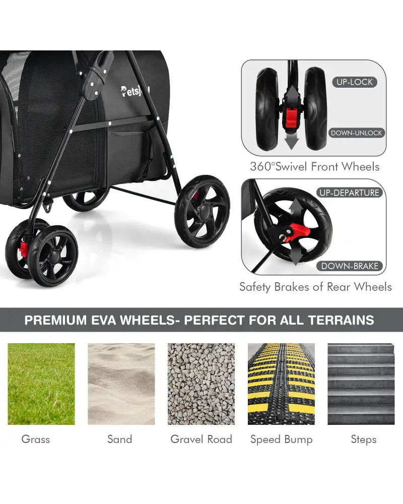 4-in-1 Double Pet Stroller with Detachable Carrier and Travel Carriage-Black - Black - Dog Supplies
