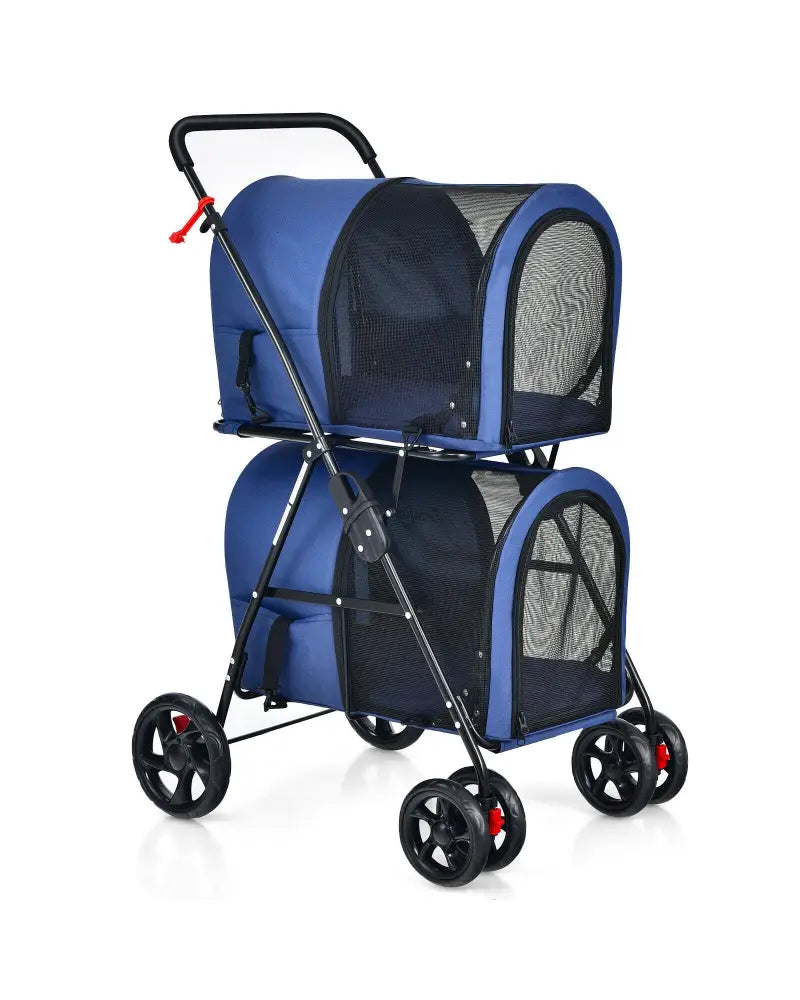 4-in-1 Double Pet Stroller with Detachable Carrier and Travel Carriage-Blue - Blue - Dog Supplies